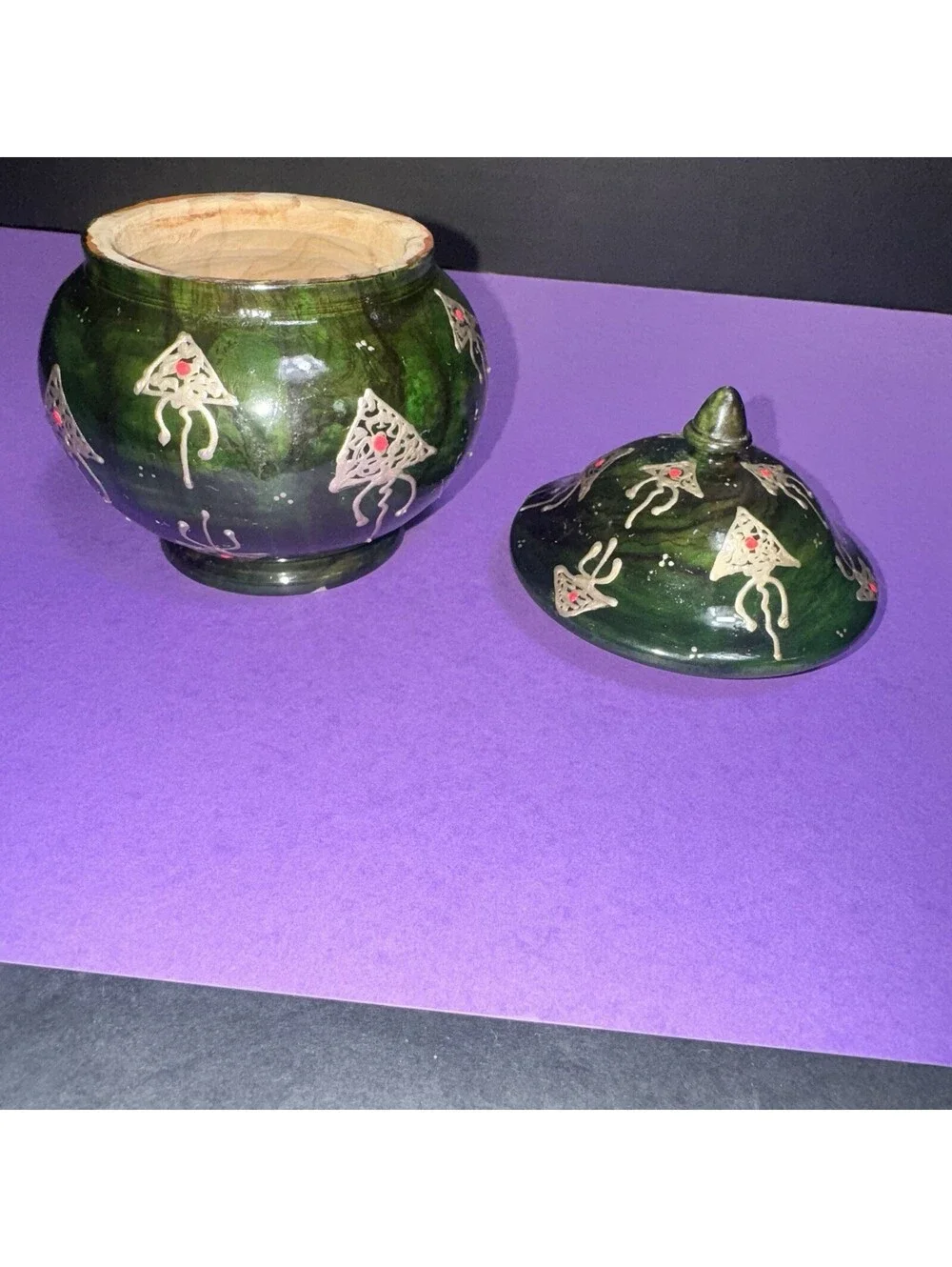 Vtg. Hand Painted Green Wooden Lidded Jar Apothecary Trinket Box Folk Art 4.5”